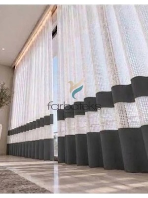Farbateks Gri Renkli Bantlı Şeritli Exculusive Liyine 2kat Pileli Tül Perde