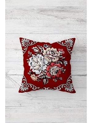 Vintage Kiremit Zemin Çiçek Buketi Çift Taraflı Gizli Fermuarlı Bordo Dekoratif Kırlent Kılıfı 45 x 45