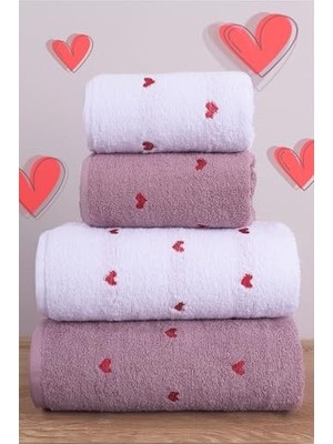 4'lü Banyo Havlu Seti Kalpli - Kalp Desenli Hamam Takımı Pudra - Beyaz-70 x 140