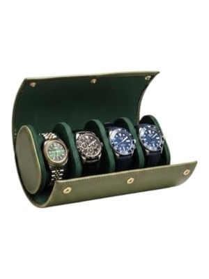 Saat, 4'lü Deri Kutusu Silindir Tasarım Taşınabilir Saat Saklama Organizer 24X11X7 cm (Haki)