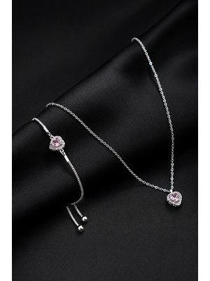 Zirkon Taşlı Kalp Charm Model Gümüş Renk Kadın Kolye ve Ayarlanabilir Bileklik Set