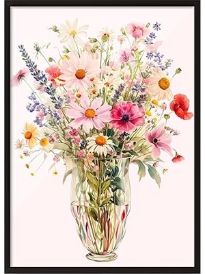 Siyah Çerçeveli Tablo, Çiçek Buketi, Renkli Bahar Çiçekleri Vazoda Poster No: 107668 15 x 21