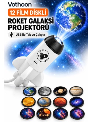 TeknoKapsül 12 Film Diskli Roket Galaksi Projektörü USB Tak Çalıştır Uzay ve Gezegen Projeksiyon Gece Lambası