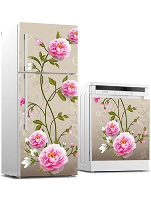 Sticker Kaplama, Pembe Gül Çiçek, Buzdolabı ve Bulaşık Makinası Beyaz Eşya