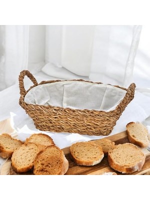 Sepet; El Yapımı Doğal Hasır Kulplu Çok Amaçlı Dekoratif Dikdörtgen, Hasır Kulplu Ekmek Sepeti (27X18X8 Cm)
