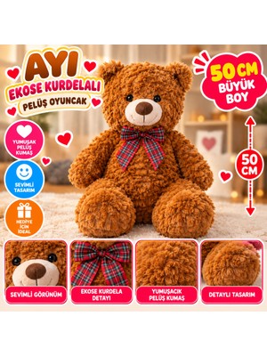 TeknoKapsül PL50243 50 cm Ayı Ekose Kurdelalı Peluş Oyuncak
