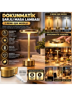 TeknoKapsül Eskitme Gold Kasa Dokunmatik Şarjlı Masa Lambası – 3 Renk Işık Modlu, LED Aydınlatmalı, Modern & Dekoratif Abajur