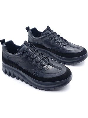 Marcomen M24192 Hakiki Deri 5 cm Yüksek Tabanlı Konforlu Lastik Bağcıklı Siyah Erkek Şık Sneaker Ayakkabı