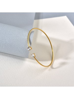 Nox Jewelry 14 Ayar Altın Kaplama 925 Ayar Gümüş Çift Zirkon Taşlı Açık Uçlu Ince Kelepçe Bileklik - BTS00100