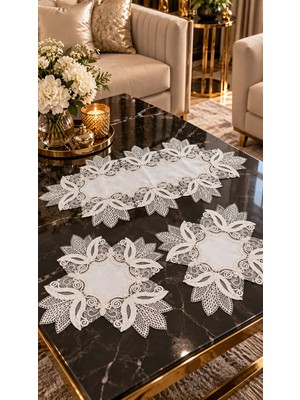 TeknoKapsül 3 Parça Krem Gardenya Keten Runner Seti - Dantelli Sehpa, Konsol ve Vitrin Örtüsü Takımı