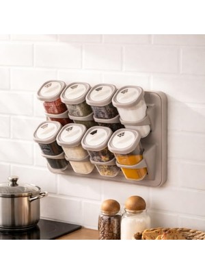 Die Grup Porsima 5340 8li Etiketli Asmalı Kendinden Yapışkanlı Tezgah Üstü Standlı Döner Kapaklı Baharatlık Seti CAPPUCCINO-KREM-350ML