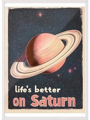 Zestia Beyaz Çerçeveli Tablo; Satürn ve Tipografi, Retro Uzay Teması Poster No: 107411 21 x 30
