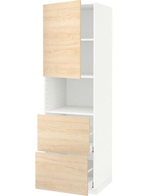 IKEA Açık Dişbudak Ankastre Mikrodalga Fırın Boy Dolabı 60X60X200 Cm, Tek Kapaklı, 2 Çekmeceli, Raflı