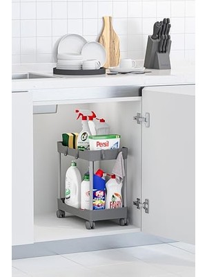 Gri 2 Banyo Rafı Katlı Tekerlekli Düzenleyici Mutfak ve