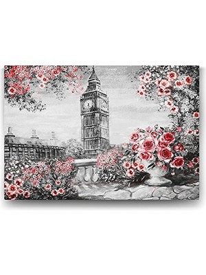 Saat Kulesi ve Kırmızı Çiçekler Tablosu - 60X40 cm