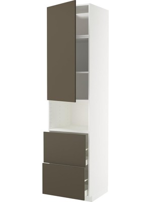 IKEA Kahverengi-Bej Ankastre Mikrodalga Fırın Boy Dolabı 60X60X240 Cm, Tek Kapaklı, 2 Çekmeceli, Raflı