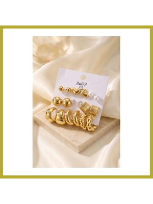 Bezos Gold Renk Metalik Kaplamalı Karışık Model Detaylı Ccb 9 Çift Küpe Seti Bcks
