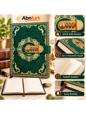 Abnturk Vintage Retro Tasarımlı Şifreli Kilit Sistemli Hatıra Defteri Altın Varaklı Günlük Özel Hediyelik Defter (Stoktaki Renkten Gönderilir)