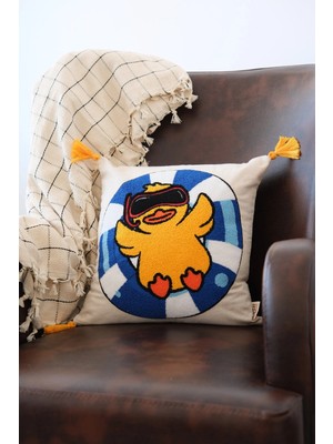 Kash Kozmetik %100 Keten El Yapımı Yastık Kılıfı – 40X40 cm – Üstü Mavi Can Simitli Dalgıç Ördek Özel Tasarım, Doğal ve Şık