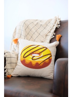 Kash Kozmetik %100 Keten El Yapımı Yastık Kılıfı – 40X40 cm – Üstü Ballı Donut Özel Tasarım, Doğal ve Şık