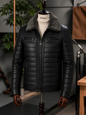 Moda Erkek Siyah Yakası Çıkarılabilir Kürklü Fermuarlı Içi Astarlı Hakiki Deri Mont Ceket