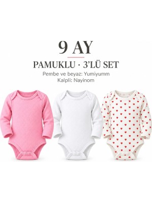Yumiyumm ve Nayinom 3’lü Pamuklu Uzun Kollu Kız Bebek Body Seti 9 Ay