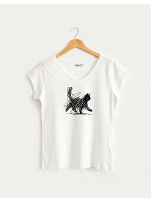 Kidilia Çizgisel Siyah Kedi V Yaka Tişört
