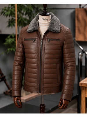 Moda Erkek Kahverengi Yakası Kürklü Fermuarlı Içi Astarlı Hakiki Deri Mont Ceket
