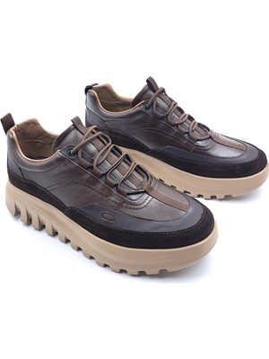 Marcomen M24192 Hakiki Deri 5 cm Yüksek Tabanlı Konforlu Lastik Bağcıklı Kahverengi Erkek Şık Sneaker Ayakkabı