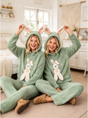 NiCe İç Giyim Kapşonlu Tavşan Nakış Detay Su Yeşili Renk Trend Eğleceli Rahat Wellsoft Kumaş Kışlık Kadın Pijama Takım