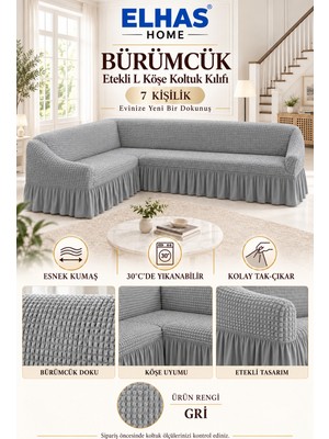 ELHAS Bürümcük Kumaş 7 Kişilik Etekli L Köşe Koltuk Örtüsü | Koltuk Kılıfı