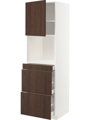 IKEA Kahverengi Ankastre Mikrodalga Fırın Boy Dolabı 60X60X200 Cm, Tek Kapaklı, 3 Çekmeceli, Raflı