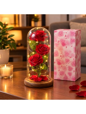 Keyfim Shop Kişiye Özel Işıklı Cam Fanus Içinde 3 Kırmızı Gül – Ahşap Tabanlı Romantik Dekoratif Gül Aranjmanı, Sevgiliye ve Özel Günlere Hediye