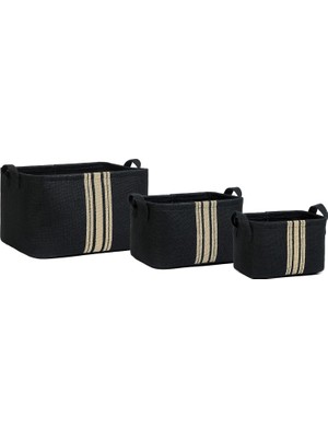 MUJGAN Ocean Home Textile 3'lü Çizgili Siyah Renk Jüt Sepet Set 24 x 17 x 14/30 x 21 x 18/42 x 31 x 25 cm