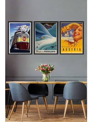 MUJGAN Postermanya (PSTER14893) Vintage Kış 3 Parçalı Çerçeve Seti 50 x 70