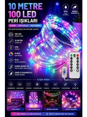 MUJGAN 10 Metre Renkli 50LED Işıklar Peri Işıkları 8 Mod Rgb Işıkları USB Çok Renkli Işık Peri Dize Işıkları Tel Fonksiyonlu Süsleme Ince Telli Aydınlatmalı Şerit LED Yılbaşı Işık Yılbaşı Süsü