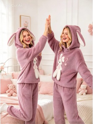 NiCe İç Giyim Kapşonlu Tavşan Nakış Detaylı Açık Mor Renk Trend Şık Eğlenceli Rahat Kışlık Wellsoft Kumaş Kadın Pijama TEK Takım