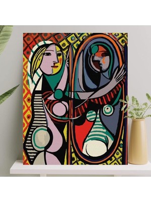 MUJGAN Palmiye Hobi Sanat Sayılarla Boyama Tuval Seti Fırça Boya Dahil (Çıtalı) 40X50 cm - Aynadaki Kadın