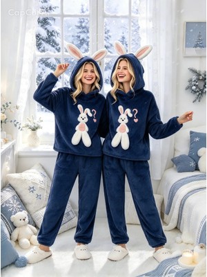 NiCe İç Giyim Kapşonlu Tavşan Nakış Desen Lacivert Renk Eğlenceli Trend Moda Rahat Kışlık Wellsoft Kadın Pijama TEK Takım