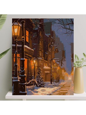 MUJGAN Palmiye Hobi Sanat Sayılarla Boyama Tuval Seti Fırça Boya Dahil (Çıtalı) 40X50 cm - Karlı Cadde