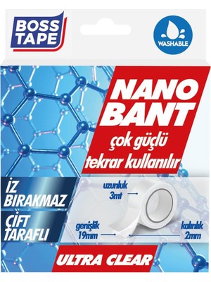 MUJGAN Boss Tape Tarafli Nano Bant, 19 mm x 3 mt Boyut, Seffaf Çift
