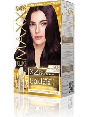 MUJGAN Maxx Deluxe Gold Serisi 24K Altın Parçacıklı Serum ile 1 Kutu 2 x 50 ml ve Geliştiriciler Saç Boyası (Patlıcan Moru 3.66)