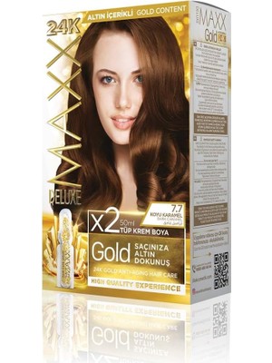 MUJGAN Maxx Deluxe Gold Serisi 24K Altın Parçacıklı Serum ile 1 Kutu 2 x 50 ml ve Geliştiriciler Saç Boyası (Koyu Karamel 7.7)
