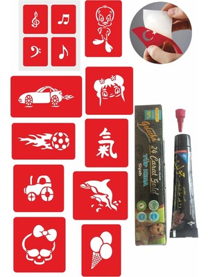 MUJGAN Çocuksu Tasarımlar 1 Kına 10 Desen Kınayla Geçici Dövme Yapma Seti