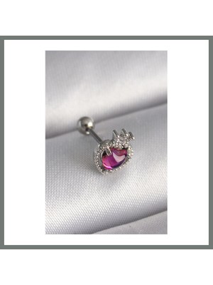 Bezos 316L Çelik Gümüş Renk Pembe Mineli Kalp Zirkon Taş Detaylı Taç Tragus Piercing Mmbz