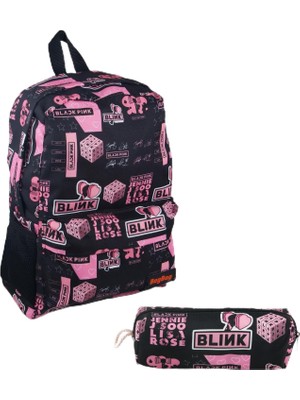 MUJGAN 4'lü Set Blackpink K-Pop Desenli Sırt Çantası Kalemlik Makyaj Çantası Büyük Boy Makyaj Çantası