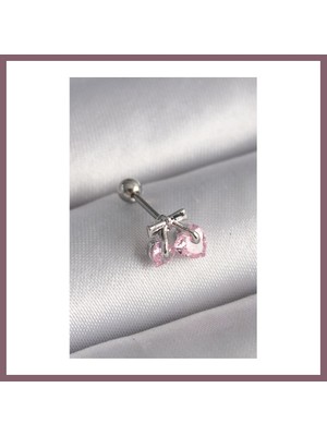 Bezos 316L Çelik Gümüş Renk Pembe Zirkon Taşlı Kalp Tragus Piercing Bzss