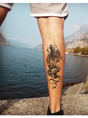 MUJGAN Bearpear Samurai, Ejderha ve Katana Dövmesi, Geçici Dövme, Unisex Tattoo, Vücut Dövmesi