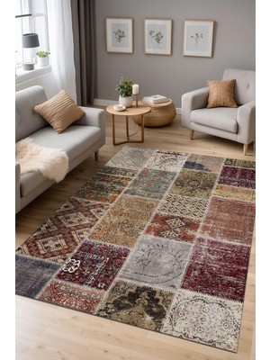 MUJGAN Depoba Flona Patchwork Şönil Kaymaz Doğal Pamuk Tabanlı Yıkanabilir Antibakteriyel Çevre Dostu Salon Halısı 120X180