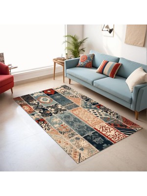 MUJGAN Saude Patchwork Şönil Kaymaz Doğal Pamuk Tabanlı Yıkanabilir Antibakteriyel Çevre Dostu Salon Halısı 120X180